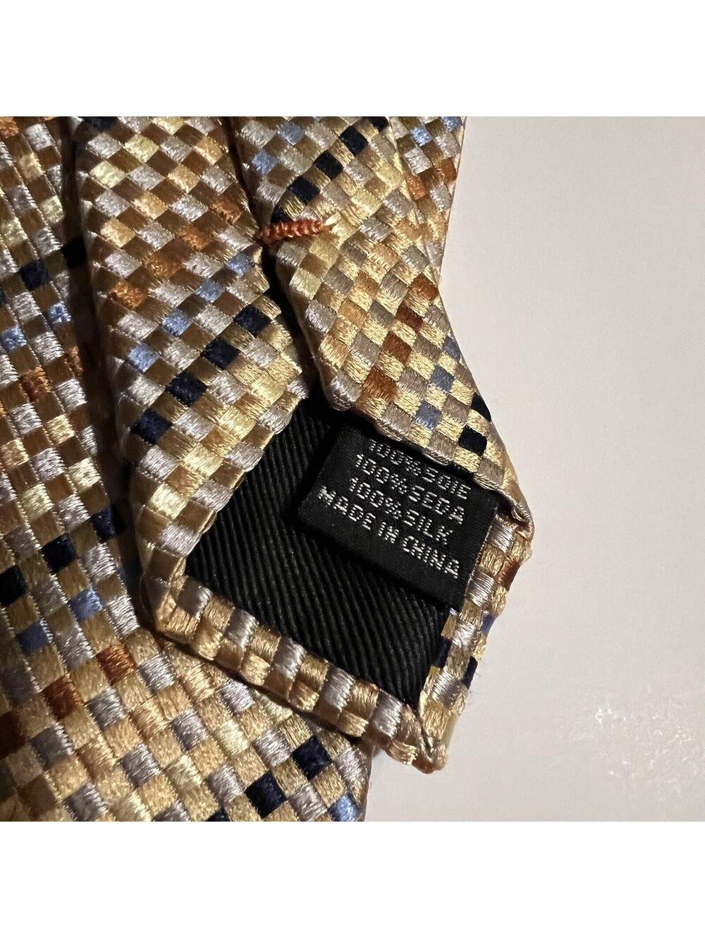 Handmade Silk Tie Gold Bronze Geometric Basketweave Textured Formal EUC - Picture 8 of 8